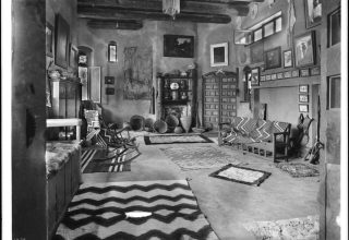 Living room with original box-beam ceiling